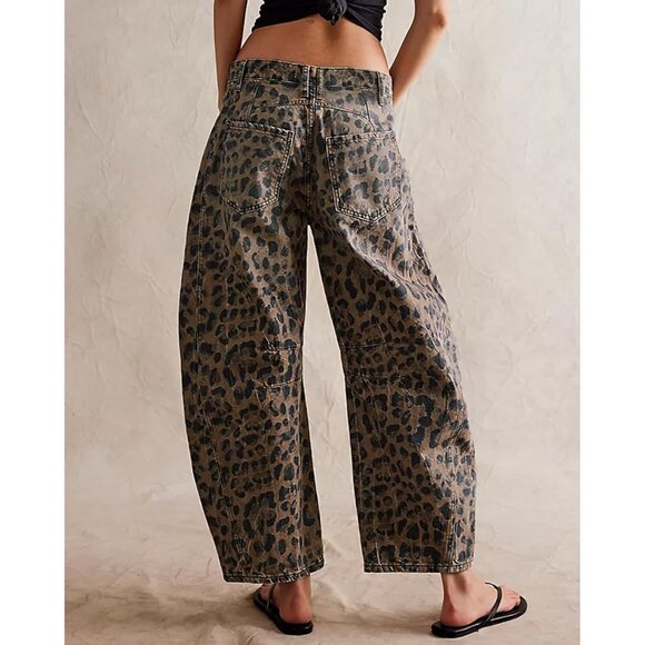 Leopard Print Wide Leg Denim Jeans for Women Casual Y2K Baggy Ankle Pants - Picture 4 of 6